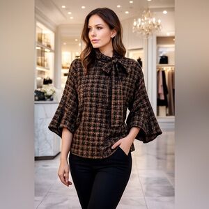 AZZ Trading Kimono Tie-Neck Blouse Brown Black Tweed Wide Sleeve Women’s M/L